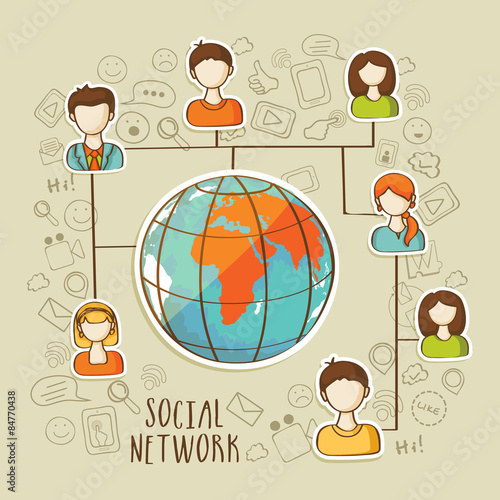Global social network concept with social media icons.