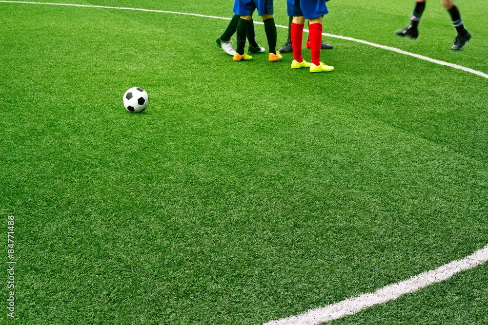 Green soccer field grass with white mark line. Green soccer field grass with white mark line.