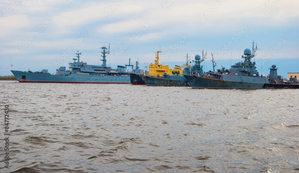 Warships docked in the port in the Baltic Sea