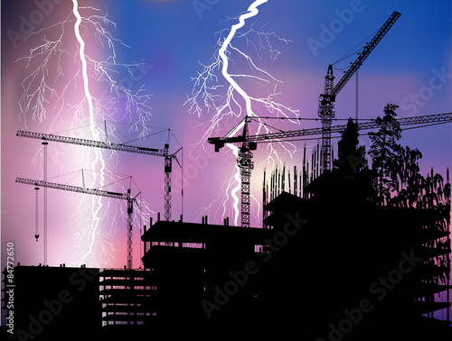 house building under bright lightnings