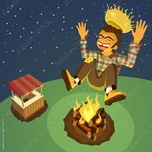 Happy hillbilly jumping high over a bonfire - Junina Party Game - EPS 10