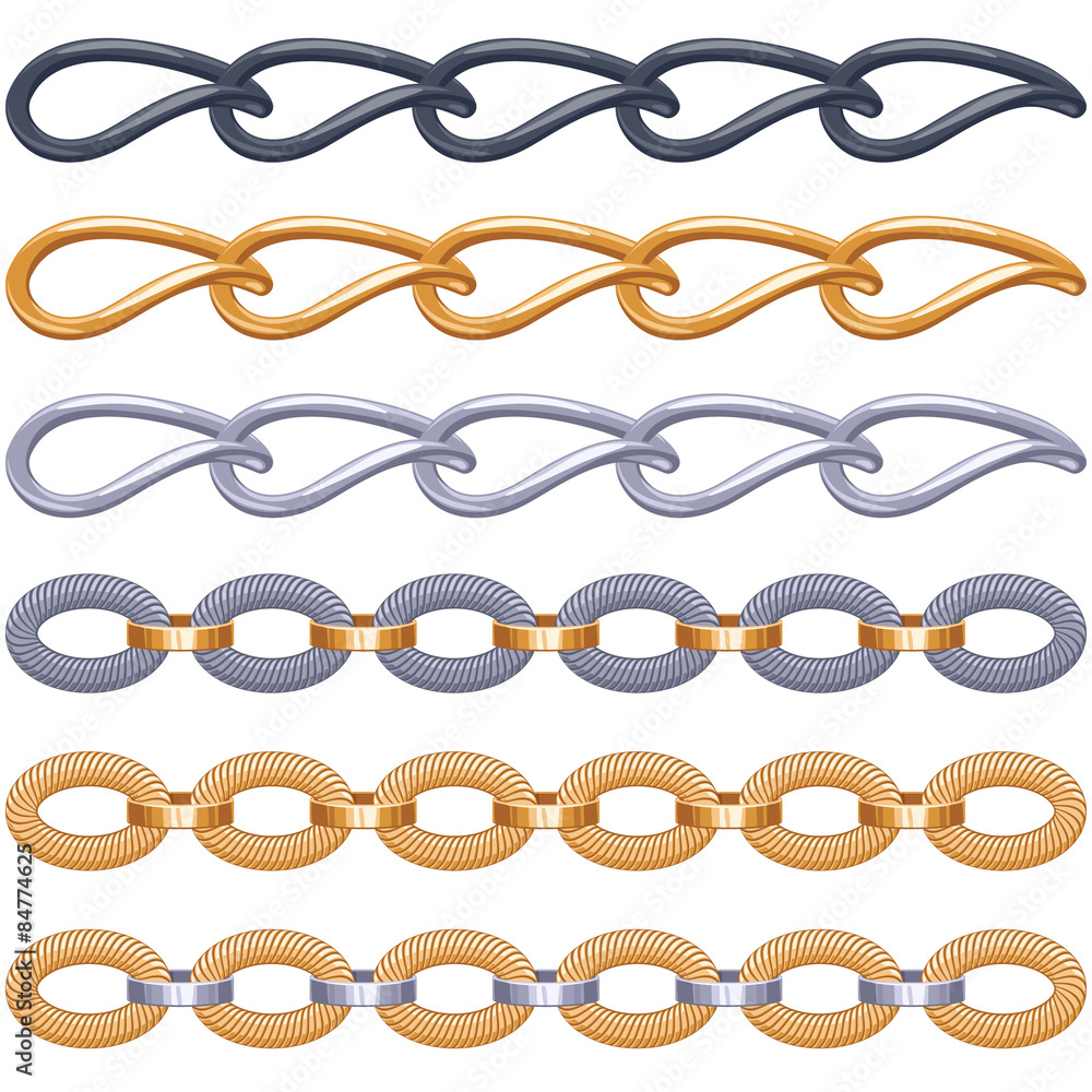 Assorted golden silver and black metal chains on white. Assorted golden silver and black metal chains on white.