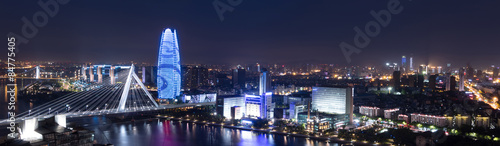panoramic high angle view of cityscape at night © zhu difeng