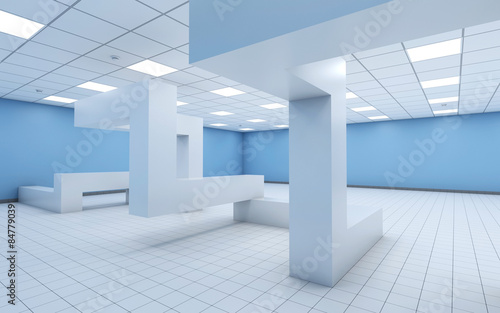 Empty office with chaotic geometric construction 3d