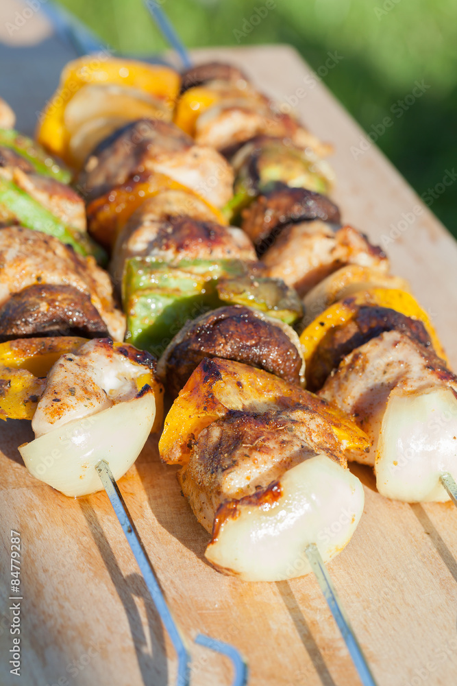 Grilled skewers with turkey, peppers and mushrooms. Grilled skewers with turkey, peppers and mushrooms.