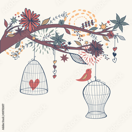 Vector romantic illustration with bird out of cages, branch and flowers. Freedom concept card.