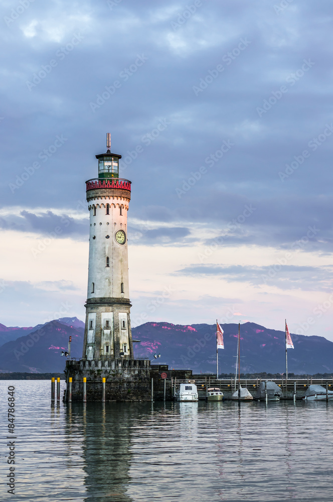 Lighthouse in harbor of Lindau in lake Constance