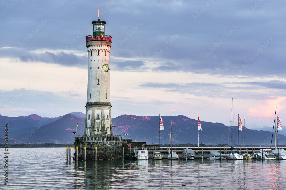 Lighthouse in harbor of Lindau in lake Constance