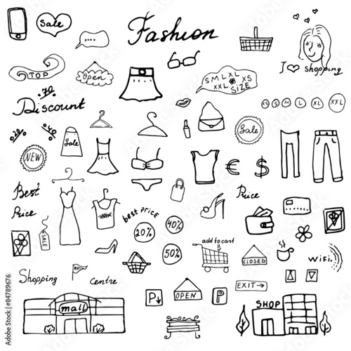 Fashion collection Sketchy Doodles set with Lettering, Hand-Drawn Vector Illustration Design Elements isolated on white Background