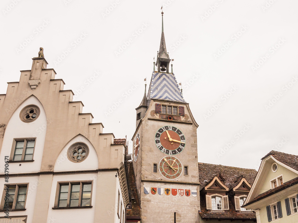 Obraz premium Stadt Zug, Zuger Altstadt, Turm Zytturm, historischer Turm, Zugersee, Schweiz