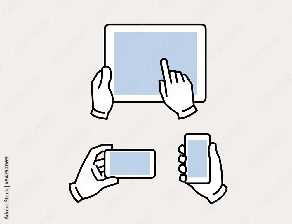 Hands holding smart phone, pointing on smart phone tablet, mobile device icon Hands holding smart phone, pointing on smart phone tablet, mobile device icon