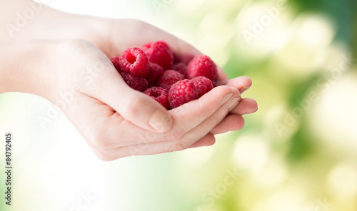 Fototapeta Naklejka Na Ścianę i Meble -  close up of woman hands holding raspberries