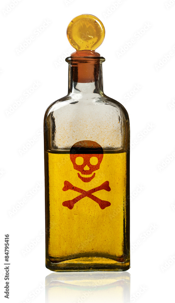 Old fashioned poison bottle with label, isolated.