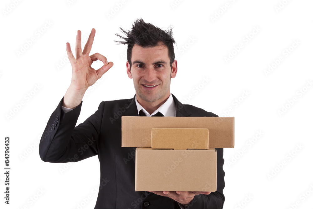 businessman with cardboard boxes and sign ok businessman with cardboard boxes and sign ok