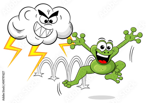 Cartoon Frosch entkommt einer Gewitter Wolke 