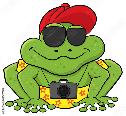 Frosch als Tourist mit Kamera und Mütze