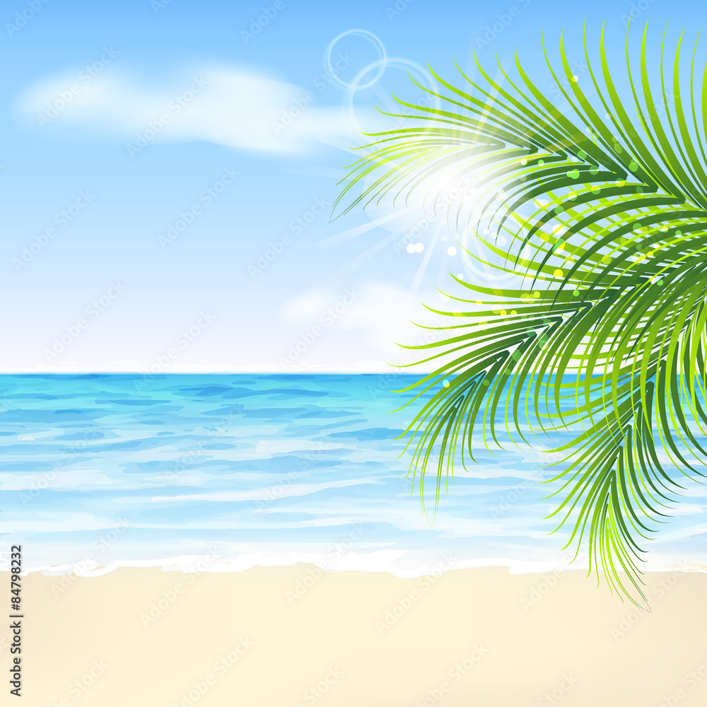 Summer background with palm leaves, beach and sea