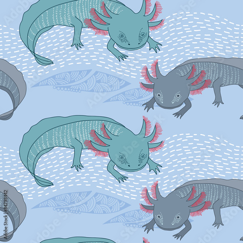 Seamless pattern with Mexican axolotl