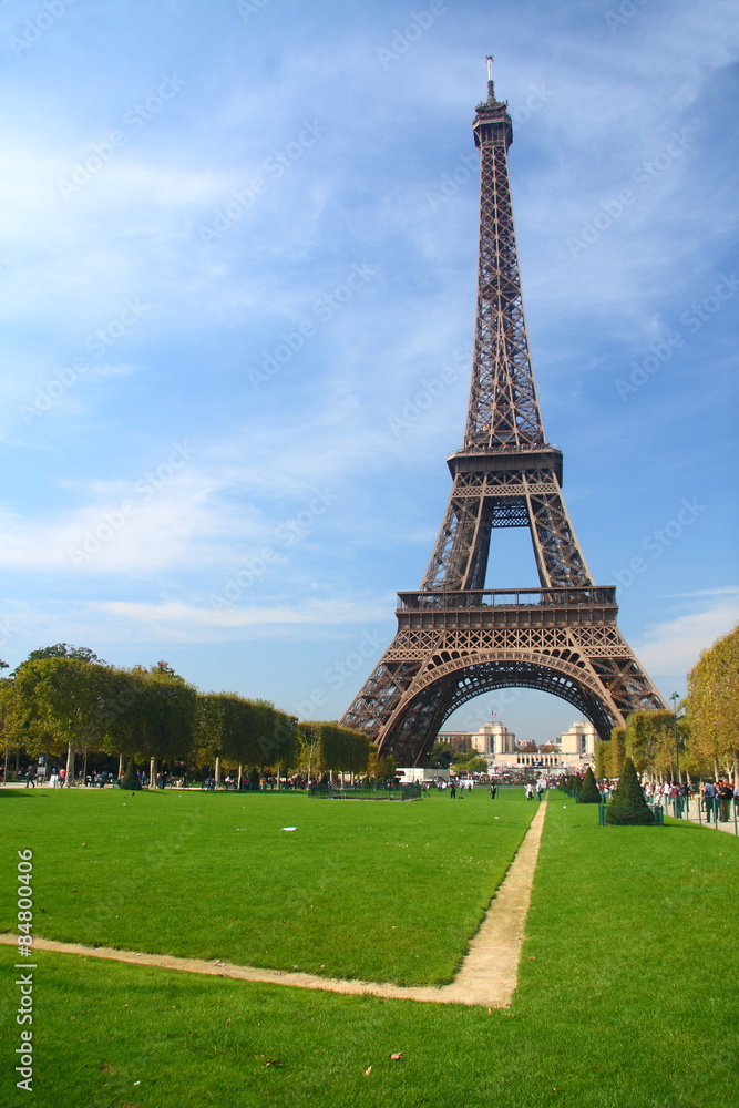 Fototapeta premium Eiffel tower on a green field in Paris