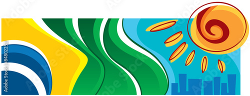 Flag of Brazil, with the city in the background