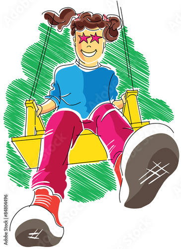Colorful illustration of a happy child playing on the swing.