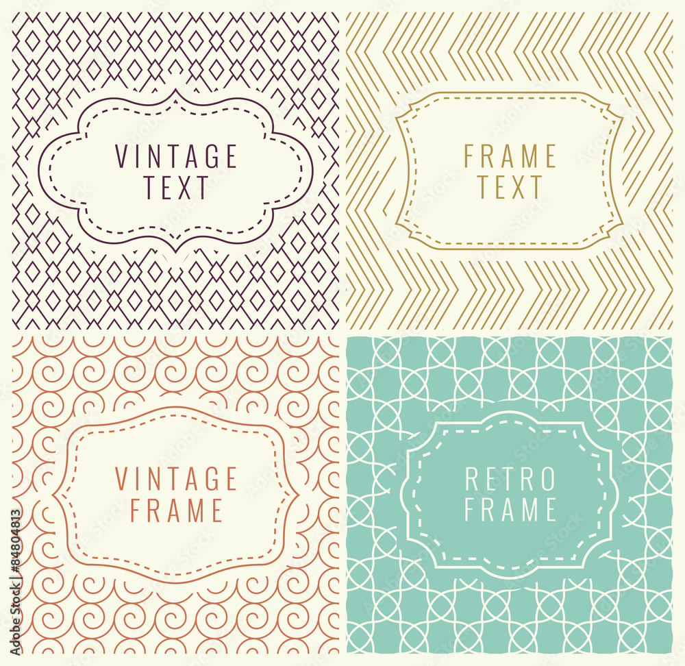 Retro Mono Line Frames with place for Text. Vector Design Template, Labels, Badges on Seamless Geometric Patterns. Minimal Textures