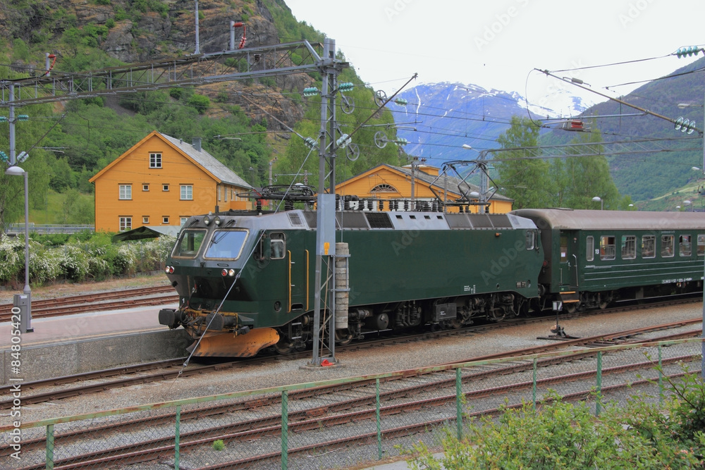 Electric locomotive on railway tracks. Flam, Norway