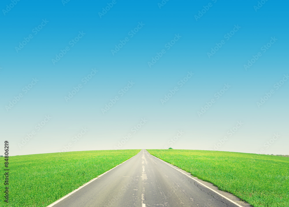Fototapeta premium Asphalt road through the green field and blue sky