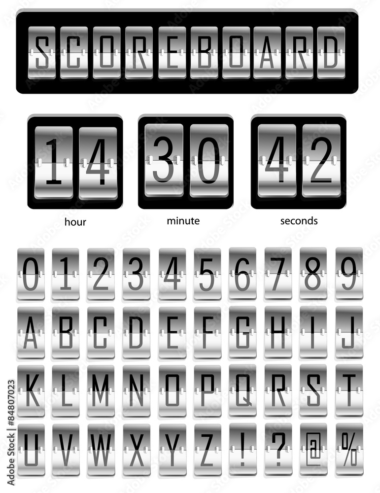 Scoreboard, sports board with a full set of English alphabet and numbers from 1 to 9, background white and font black colors. Vector illustration