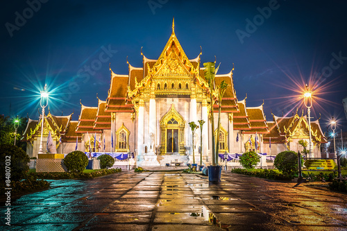 Landscape of Wat Benjamaborphit (Marble Temple) in Bangkok City , Thailand after raining at twilight time.