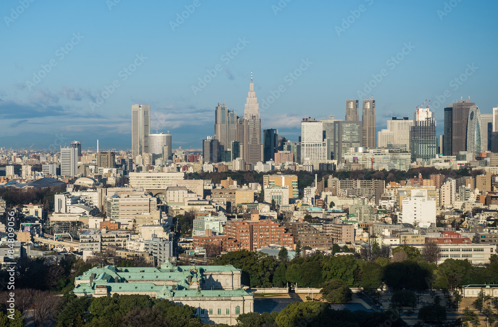 Aerial view with Akasaka Estate (Togu Palace) and Tokyo skyscrapers in Nishi-Shinjuku district (NTT Docomo Yoyogi Building, Tokyo Metropolitan Government Building and Mode Gakuen Cocoon Tower)