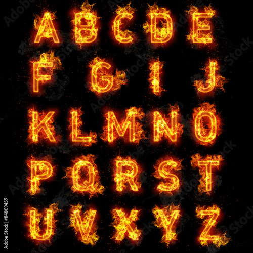 Fire font text all letters of alphabet on black background