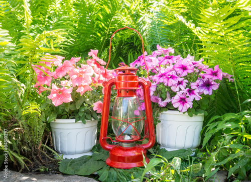 Старая керосиновая лампа и петунии в саду