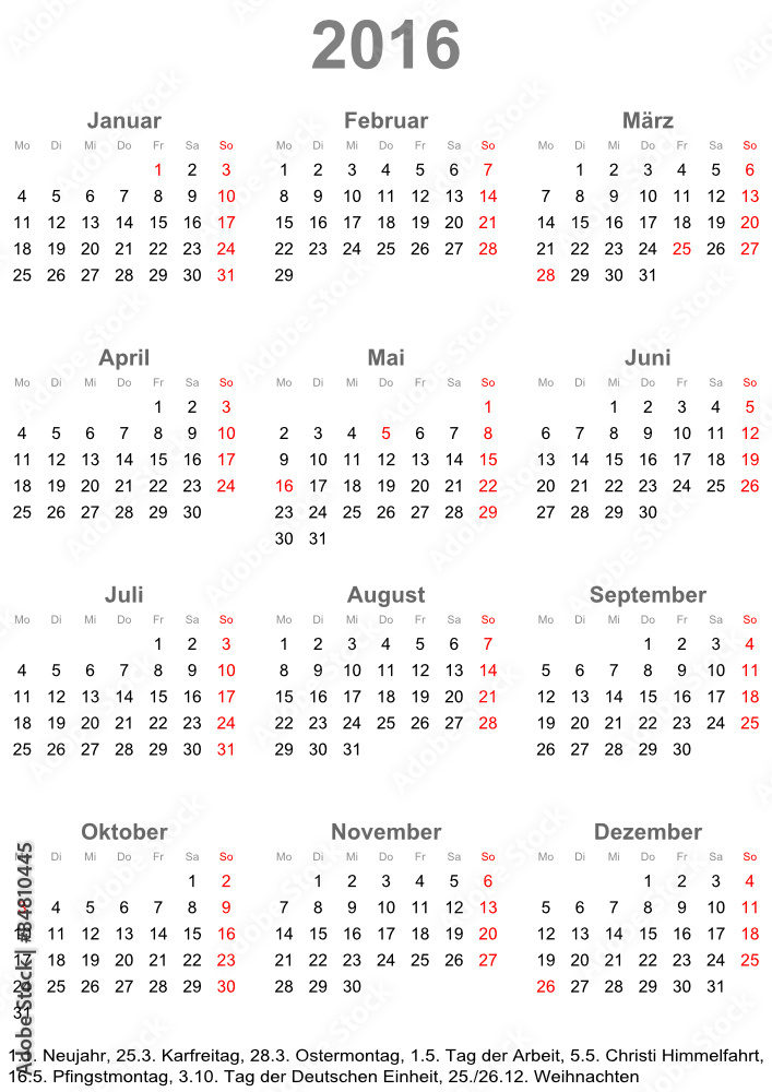 Kalender 2016 einfach mit gesetzlichen Feiertagen für Deutschland Stock  Vector | Adobe Stock