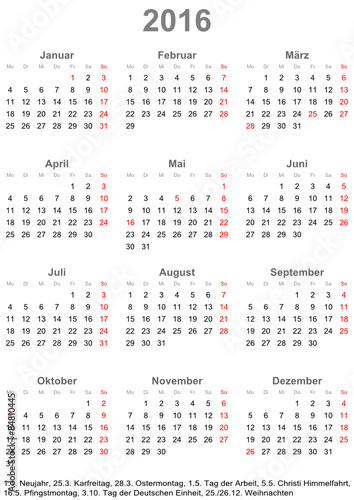 Kalender 2016 einfach mit gesetzlichen Feiertagen für Deutschland