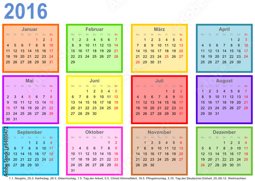 Kalender 2016 mit bunten Monatsfeldern und Feiertagen für Deutschland