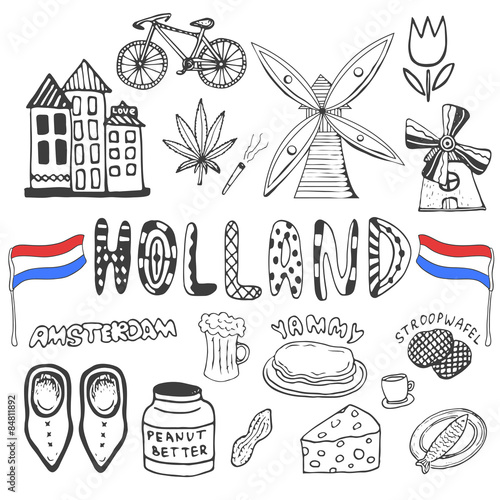 Doodle hand drawn collection of Holland icons. Netherlands