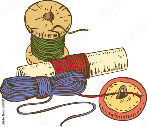 Three Color Spools of Thread and Button