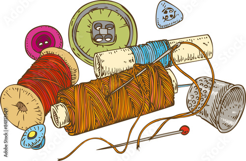 Three Color Spools of Thread, Buttons, Thimble and Pin