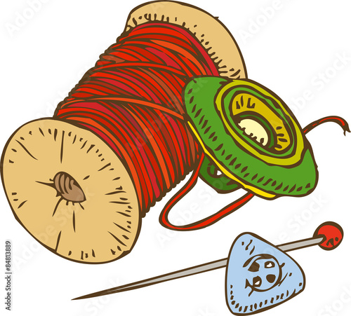 Spools of  Red Thread, Color Buttons and Pin