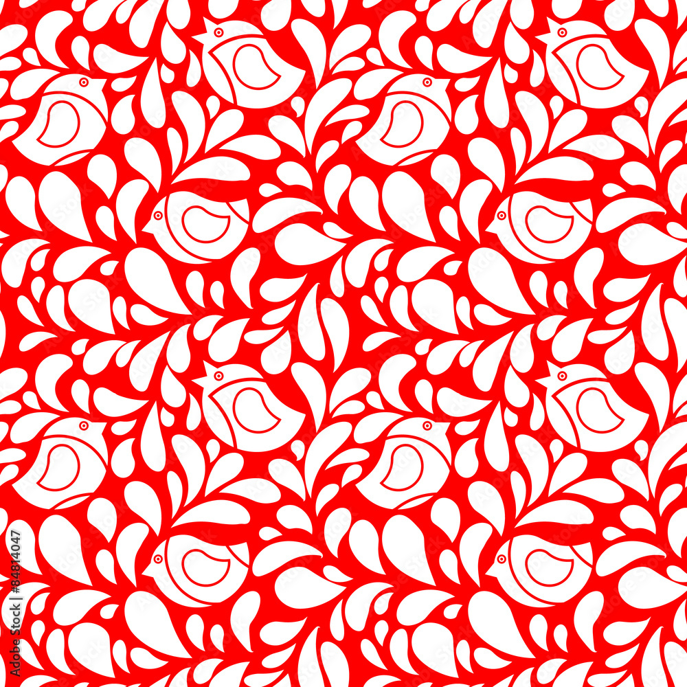 Seamless floral pattern with birds. Spring birds seamless pattern. White texture on red background. Vintage pattern with little birds Seamless floral pattern with birds. Spring birds seamless pattern. White texture on red background. Vintage pattern with little birds