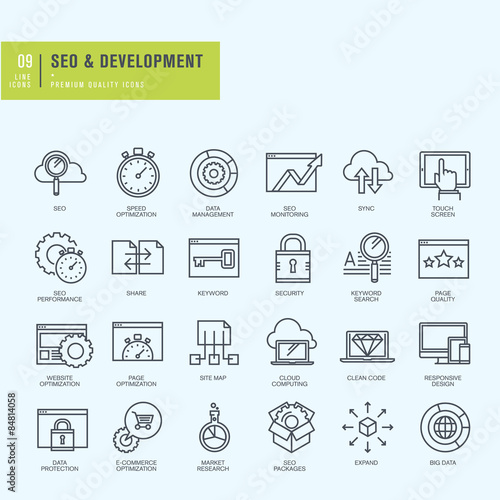 Thin line icons set. Icons for seo, website and app design and development.    