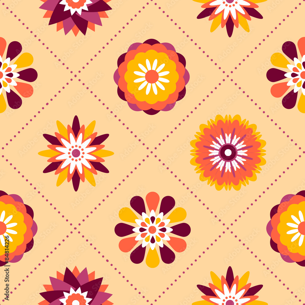 Seamless retro pattern of different summer flowers