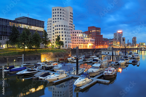 Evening view of Media Harbor with Neuer Zollhof buildings in Dusseldorf  Germany