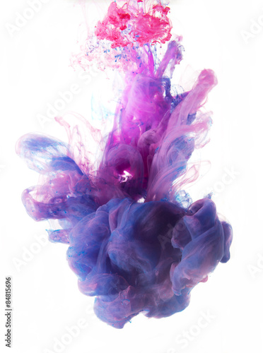 Colors drop underwater. Violet and pink on white backgorund.