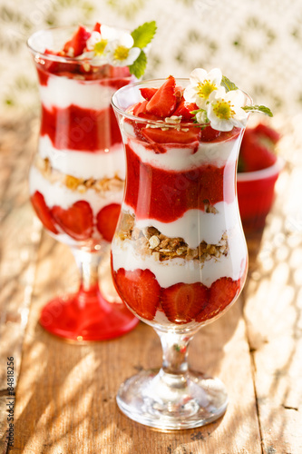 Strawberry yogurt parfait. Delicious dessert