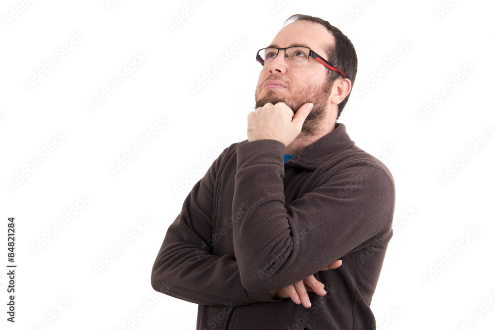 portrait of thoughtful young man looking up isolated on white background portrait of thoughtful young man looking up isolated on white background