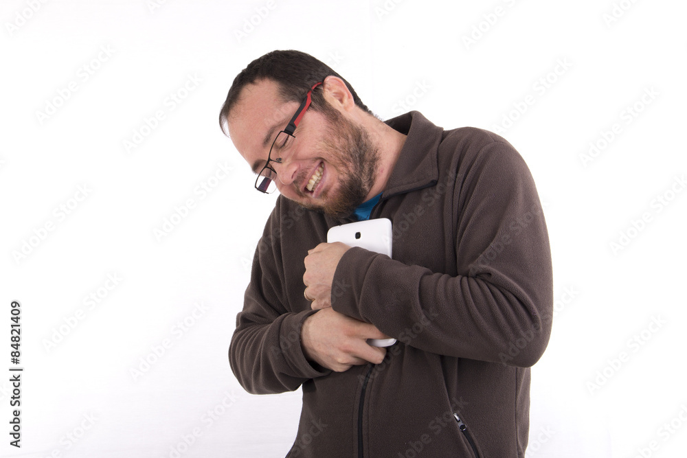 man hugging his telephone isolated on white background man hugging his telephone isolated on white background