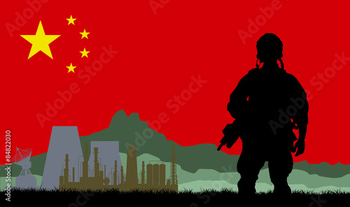 Silhouette of military soldier or office with weapons against the background of the plant and the Chinese flag
