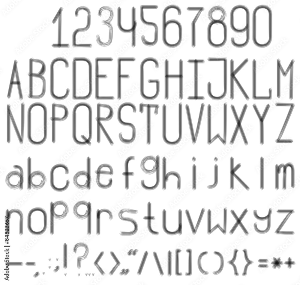 A blurred black-and-white font. Full set with numbers and punctuation.